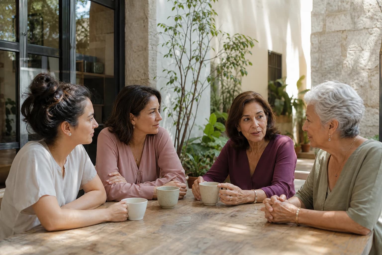 Cuatro mujeres conversan alrededor de una mesa en un patio mexicano